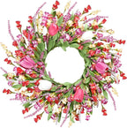 Sggvecsy Spring Summer Wreath for Front Door 22 Inch Artificial Colorful Flower Wreath with Colorful Tulips Greenery Leaves Lavender for All Seasons Home Farmhouse Indoor Outdoor Wall Decor (Mixed)