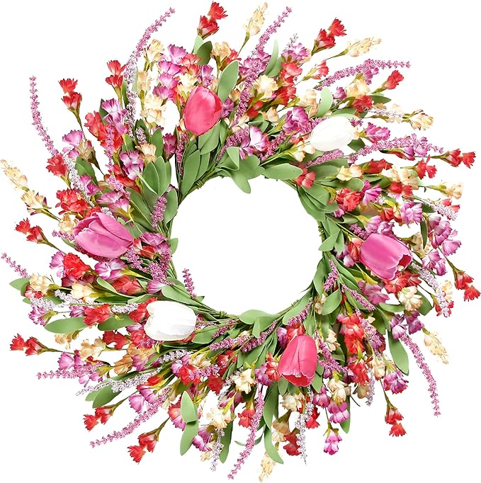 Sggvecsy Spring Summer Wreath for Front Door 22 Inch Artificial Colorful Flower Wreath with Colorful Tulips Greenery Leaves Lavender for All Seasons Home Farmhouse Indoor Outdoor Wall Decor (Mixed)
