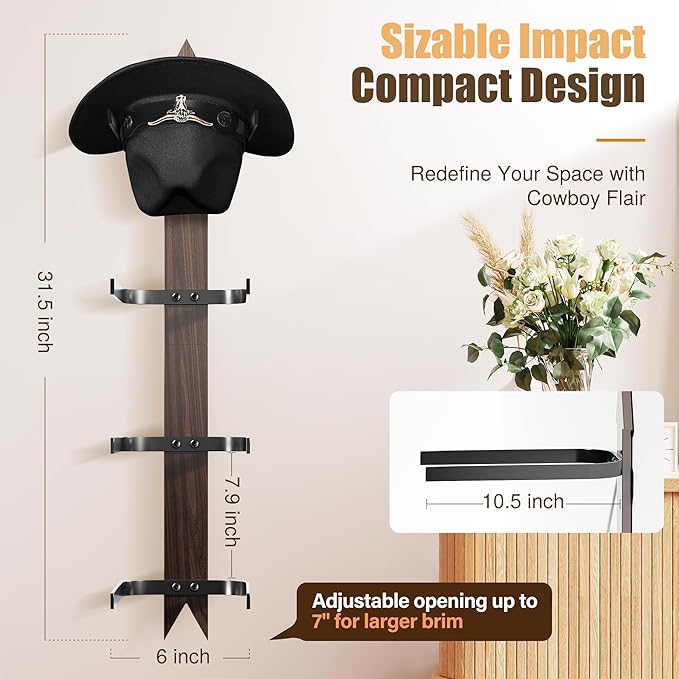 Cinati Cowboy Hat Rack Wall Mount - Wooden Western Rustic Metal Hanger With Arrow Sign Board - Holds up to 4 Hats, Fedora, Sun Hats (1 Pack)