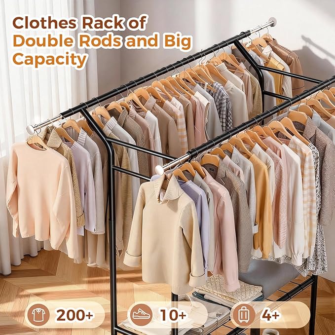 Luxspire Heavy Duty Clothes Rack Load 650 LBS, Double Rod Clothing Racks for Hanging Clothes, Rolling Garment Racks with Lockable Wheels, Shelves, Adjustable Laundry Hanging Rack, Black