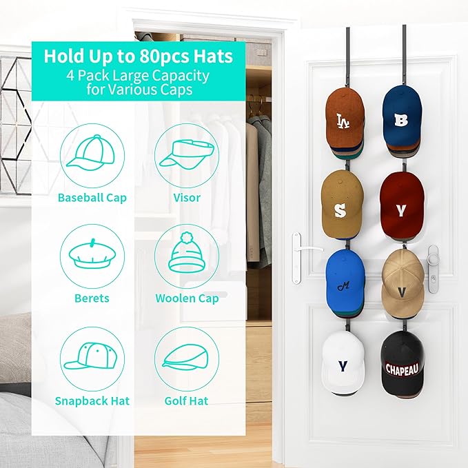 HapiRm Over Door Hat Rack - 4 Packs Metal Hanging Hat Organizer with 16 Hooks Design, Baseball Cap Hanger Organizer Storage Holds up to 80 Caps for Door, Bedroom, Closet