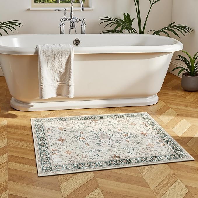 Lessymo Washable Entry Rug, 2x3 Cream Green Small Area Rugs for Bathroom Kitchen Entryway Laundry Bedroom, Non Slip Indoor Entrance Door Mat, Boho Oushak Geometric Floral Decor