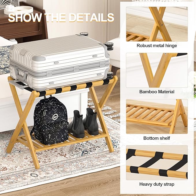 Luggage Racks Set Of 2 Suitcase Stand Foldable With Storage Shelf For Guest Room Hotel Essentials Solid Bamboo Heavy-Duty Item Holder Natural