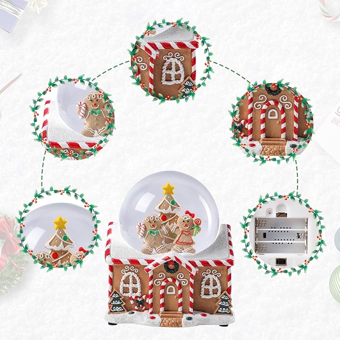 Vipush Christmas Snow Globe - Gingerbread Man Musical Snow Globe with Color Changing Led Lights, Christmas Decorations with Music Box Gifts for Girls Kids, Dog Decorations for Christmas & Birthday