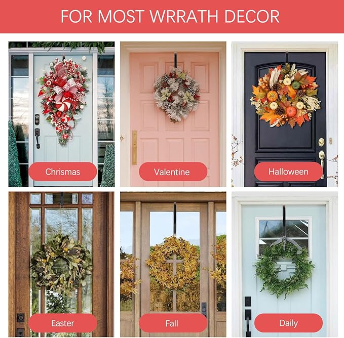 FYY Wreath Hanger for Front Door - 12” Over The Door Hooks for Easter Halloween Christmas Decoration Welcome Sign Heavy Duty Hangers Organizer with Rubber Prevent Scratches, 1PCS Black