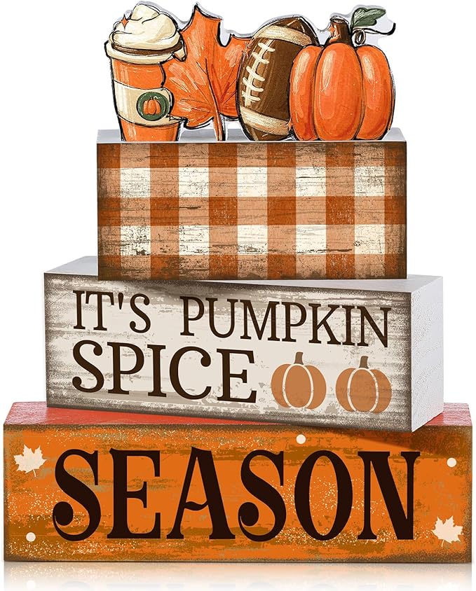 Lineshading 4 Pcs Fall Football Decorations for Home Thanksgiving Table Decor Fall Tiered Tray Decor Decorative Football Maple Leaves Pumpkins Block Signs Farmhouse Thanksgiving Centerpiece for Home