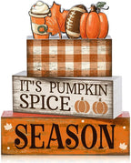 Lineshading 4 Pcs Fall Football Decorations for Home Thanksgiving Table Decor Fall Tiered Tray Decor Decorative Football Maple Leaves Pumpkins Block Signs Farmhouse Thanksgiving Centerpiece for Home