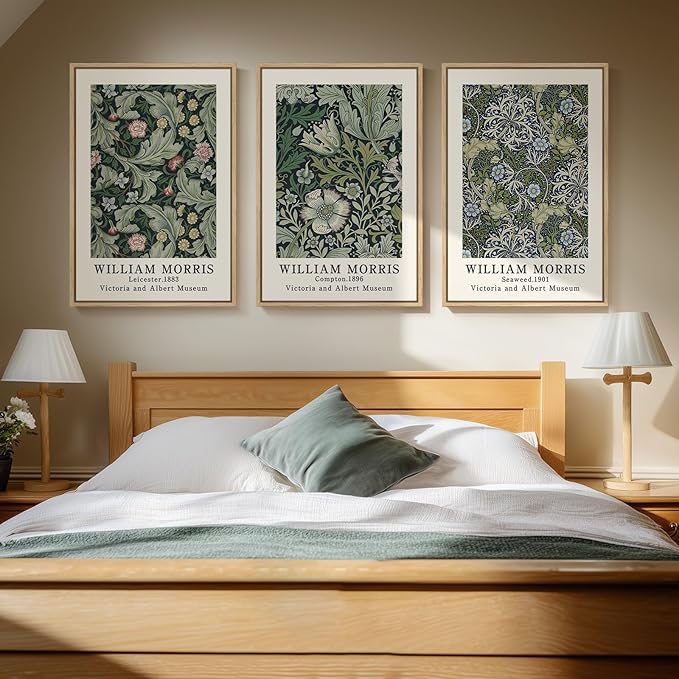 Large Framed William Morris Green Wall Art, 3 Piece Vintage Floral Canvas Prints, Retro Botanical Wall Decor for Living Room Bedroom Hallway Office, 24x36 Inch