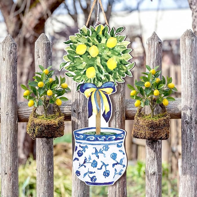 RattanView Large Size Chinoiserie Lemon Tree Door Hanger Rustic Topiary Wooden Sign Front Door Home Wreath Ornament for Farmhouse Indoor Outdoor Yard Porch Welcome Decor, 27.16 x 11.81 in