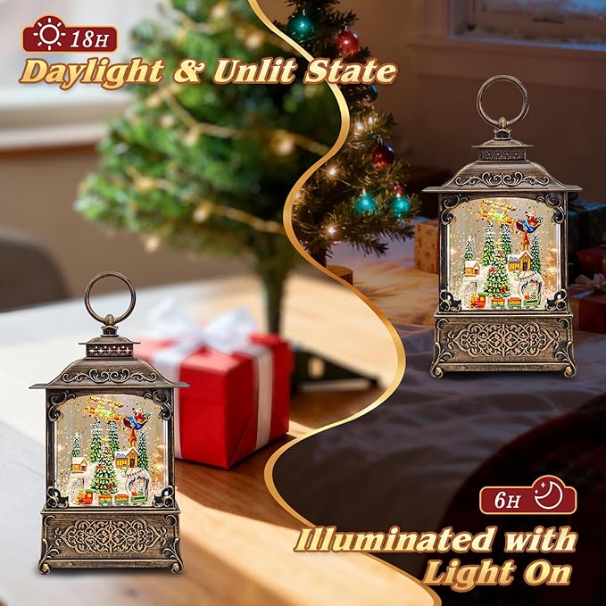 Snow Globe, Santa Snow Globe Christmas Tree, Lighted Musical Decorations Lantern,Village Houses, Train Battery, Reindeer, USB or Battery Operated，Gifts for Men and Kids.