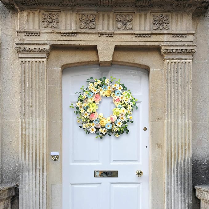 JINGHONG 24” Artificial Flower Wreath,Daisy and Rose Wreath Colorful Spring/Summer Floral Wreaths for Front Door Wall Window and Holiday Festival Party Banquet Wedding Decor