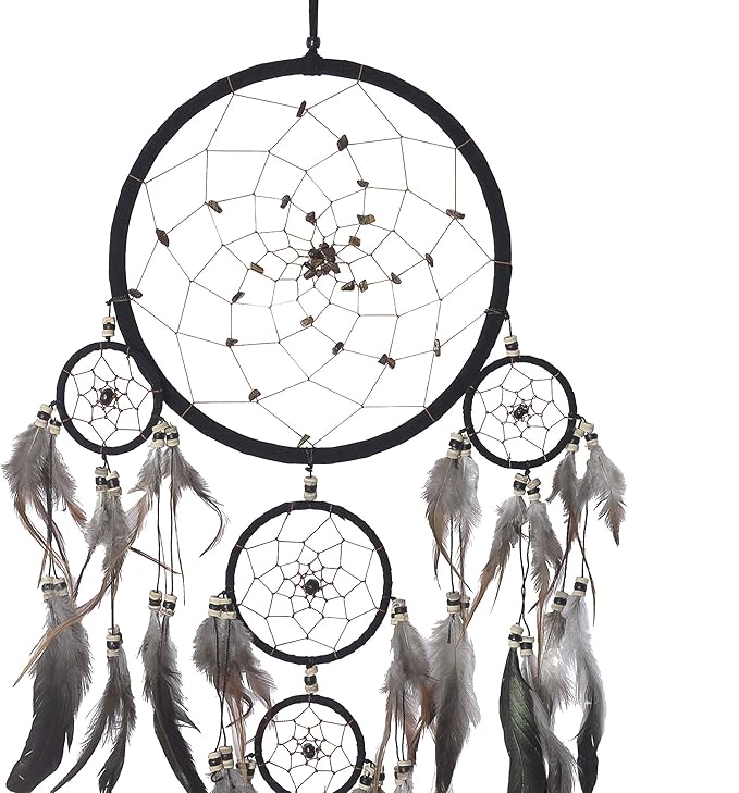 OMA Black Dream Catcher Wall Hanging with Tiger Eye Stones and Feathers, Black Suede Traditional Dream Catcher Boho Home Decor Bedroom Decoration Gift Large Size - 28" Long x 9" Diameter