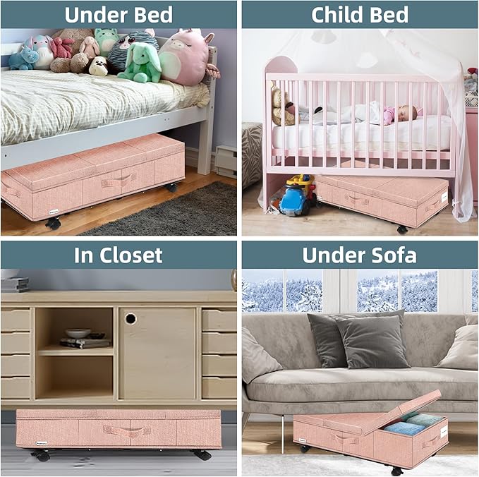 Under Bed Storage with Wheels, Rolling Underbed Storage Containers with Lids, Under Bed Shoe Storage Bins Organizer with Reinforced Metal Bottom Support and Three Handles