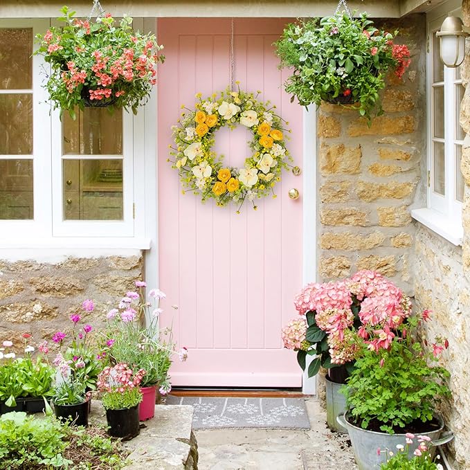 24 Inch Spring Yellow Floral Wreath for Front Door, Artificial Camellia & Orchid Wreath with Eucalyptus Greenery, Farmhouse Door Decor for Spring Summer Wedding Wall Window