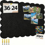 Scalloped Black Felt Bulletin Board 36x24 Inches - Self-Adhesive Foldable, with 30 Pushpins, Cork Board Alternative - Decorative Pin Board for Wall, Home, Office & School (Black, 36"x 24")