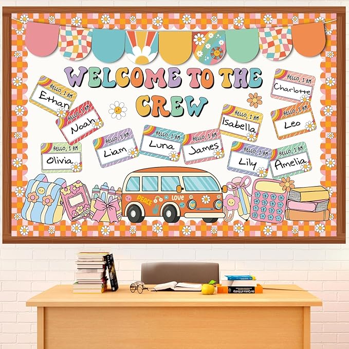 Pajean Welcome to The Crew Bulletin Board Set Groovy Back to School Classroom Decorations Retro Hippie Name Tags Cutouts with Groovy Daisy Borders for Door Wall Chalkboard Decor Preschool Supplies