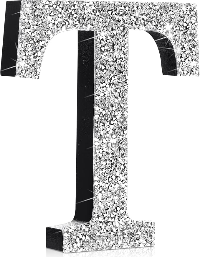 Qunclay 12'' Silver Crystal Diamond Bling Letters Crushed Diamond Decoration Wooden Glitter Letter with Screw and Hooks Rhinestone Gift for Wedding Y2k Mcbling Bedroom Wall Decor (Letter T)