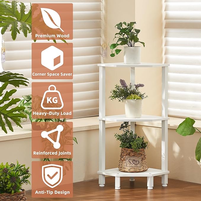 YUFAM 3-Tier Corner Shelf with Sturdy 5-Leg Base, Wooden Corner Bookshelf for Small Spaces, Small Corner Table for Living Room, Bedroom, Office, White