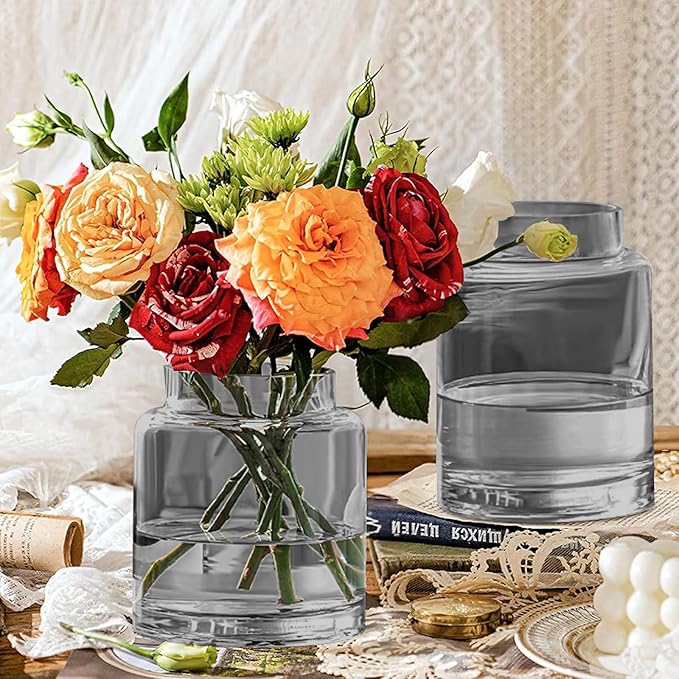 9 Inch Tall Vases for Flowers, Large Glass Vase for Centerpieces, Clear Glasses Home Decor Modern Jarrones Decorativos for Wedding Living Room Dining Table (Gray)