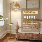 Oneach 63.5" Floor Lamp with Table for Living Room, Boho Rattan Standing Lamps with Foot Switch, Farmhouse Floor Lamp for Bedroom, Arc Tall Lamp with Metal Base&Pole, Bulb not Included, Woodgrain