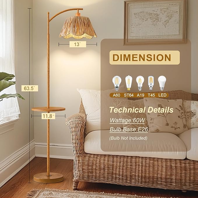 Oneach 63.5" Floor Lamp with Table for Living Room, Boho Rattan Standing Lamps with Foot Switch, Farmhouse Floor Lamp for Bedroom, Arc Tall Lamp with Metal Base&Pole, Bulb not Included, Woodgrain