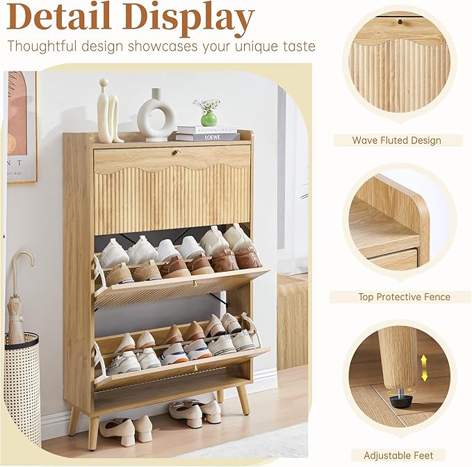 BERRYMERRY Shoe Storage Cabinet for Entryway with 3 Flip Drawers, 51.2” Tall Narrow Shoe Organizer with Wave Panel, Freestanding Wood Hidden Shoe Cabinet for Hallway