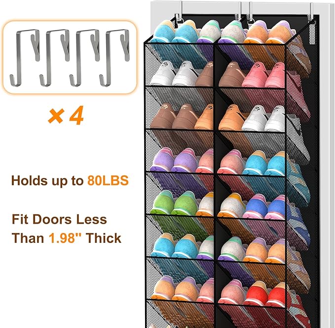 30 Pairs Over the Door Shoe Organizer, Breathable Mesh Pocket Hanging Shoe Storage for Closet, 10-Tier Door Shoes Rack, Handing Shoes Holder Fit All the Family's Sneakers, Boots, Heels, Black