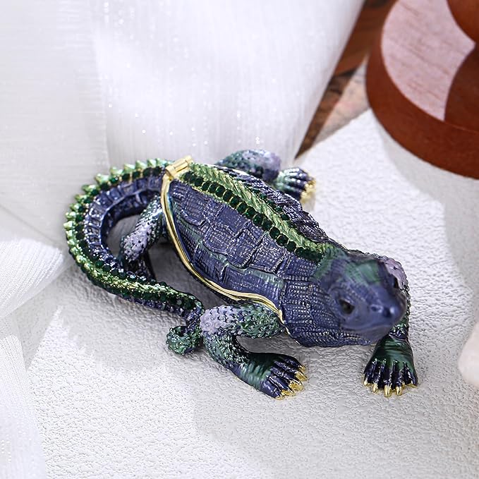 Hand Painted Lizard Trinket Box for Home Decor Accents, Enamel Hinged Jewelry Box for Bookshelf Office Table Desk Decoration, Classical Figurine Collectible Keepsake Animal Sculptures (Lizard)