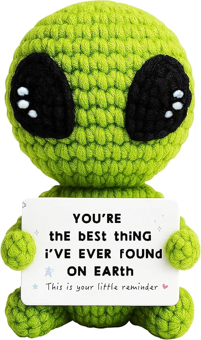 3.5 inch Positive Alien Handmade Knitted Wool Doll with Positive Card Inspiring Gifts for Cheer Up Emotional Support Encouragement Friends