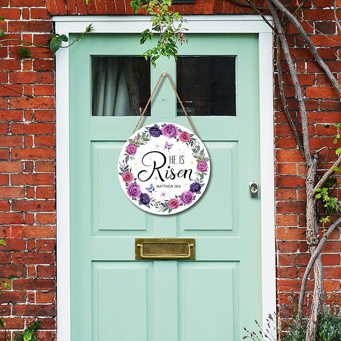 Harooni Easter Wall Hanging Decoration Sign, 12x12 Inch, He is Risen Wreath, Floral, Vertical, Unframed, Wooden, Indoor and Outdoor, Religious Holiday, Entryway
