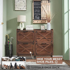 Shoe Storage Cabinet,Farmhouse Shoe Organizer with 4 Flip Drawers & Barn Door Design,Hidden Slim Narrow Shoe Rack Cabinet for Entryway,Foyer,Hallway,Walnut