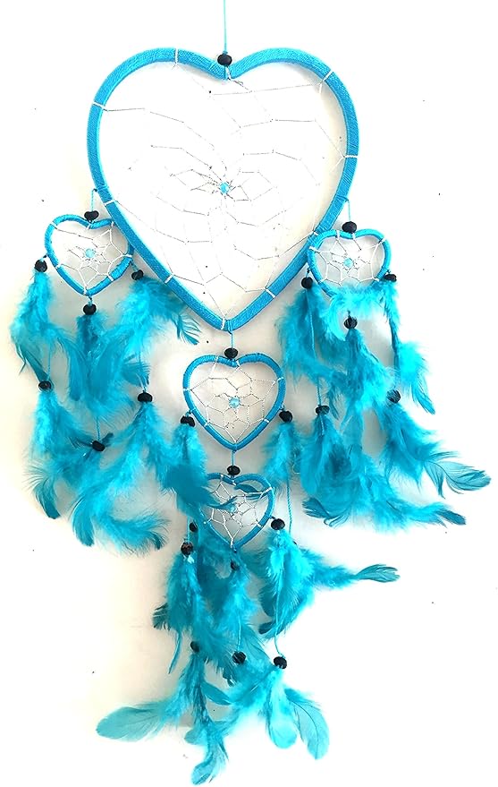 OMA Dream Catcher - Hand Made Turquoise Blue Feather Dream Catcher Heart Shaped with Crystal Beads - 7" Diameter & 24" Long - OMA Federal (TM) Brand