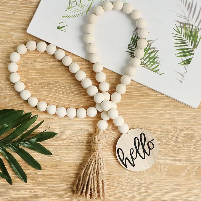 Meplait Hello Wooden Bead Garland with Tassel, Decorative Beads Home Decor Farmhouse Tassel Garland Boho Decor for Tiered Tray（38in）