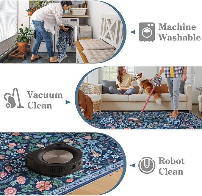 Moynesa Floral Kitchen Runner Rug 2x6, Washable Boho Runners for Hallways Non Slip Soft Bathroom Carpet Runner, Botanical Ultra Thin Throw Mat for Laundry Room Entryway, Blue