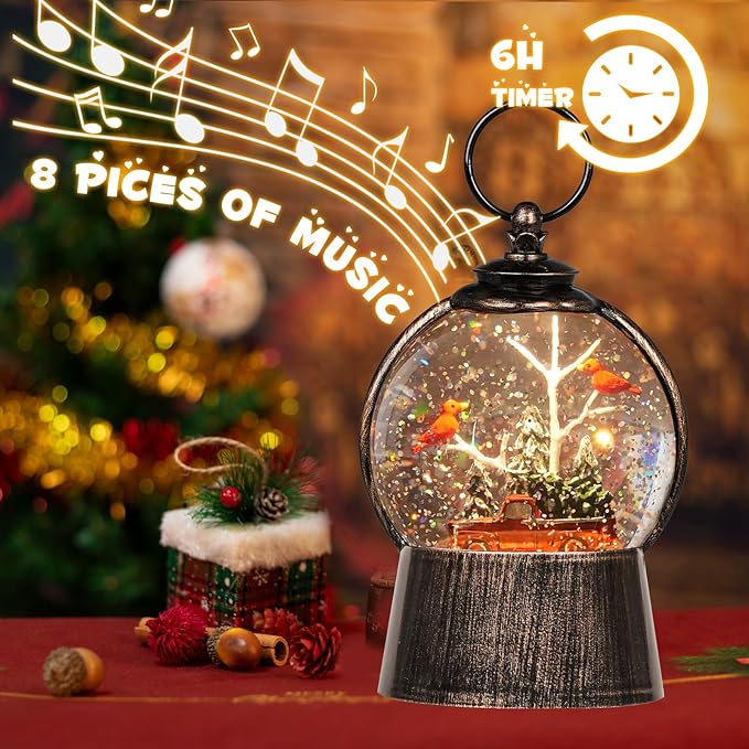 Christmas Snow Globe Lantern with Timer Cardinals Christmas Tree Truck Lighted Music Snow Globes, USB & Batteries Powered Holiday Glitter Globe for Xmas Indoor Decoration and Cardinal Gifts