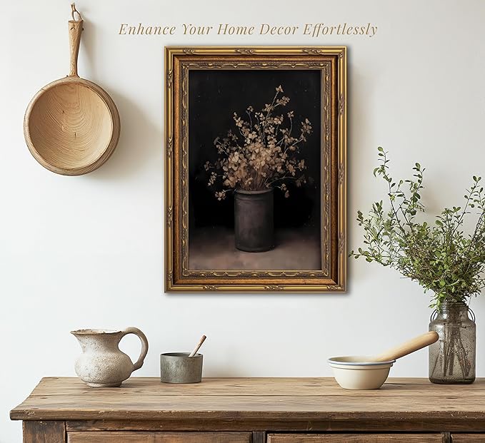 Vintage Gold Framed Wall Art Fall Dried Flowers Antique Vase Country Oil Painting Canvas Prints Dark Moody Rustic Still Life Picture Gothic Victorian Botanical Poster Artwork for Bedroom, 12x16in