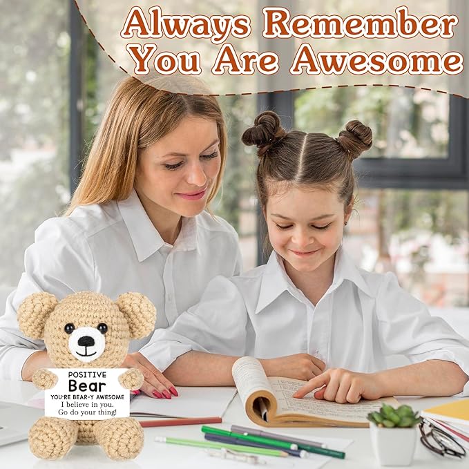 WELLBANEE Positive Crochet Bear Gift for Women Men, Mothers for Dad Mom, Positive Bear Graduation Gift for Daughter Son Student, Teacher, Friends, Boss Gifts for Women Coworker