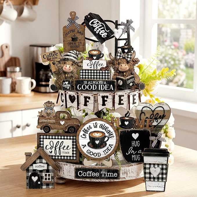 Mifoci 23 Pcs Coffee Tiered Tray Decorations Highland Cow Wooden Farmhouse Coffee Bar Accessories Signs Mugs & Rustic Highland Cow for Kitchen Table Centerpiece