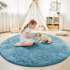 OLANLY Slate Blue Round Rugs for Bedroom - Machine Washable, 6 ft Circle Area Rugs for Living Room, Soft and Fluffy Shaggy Carpet for Teen Girl and Boys, Nursery Rooms, Dorms, Home Decor Aesthetic