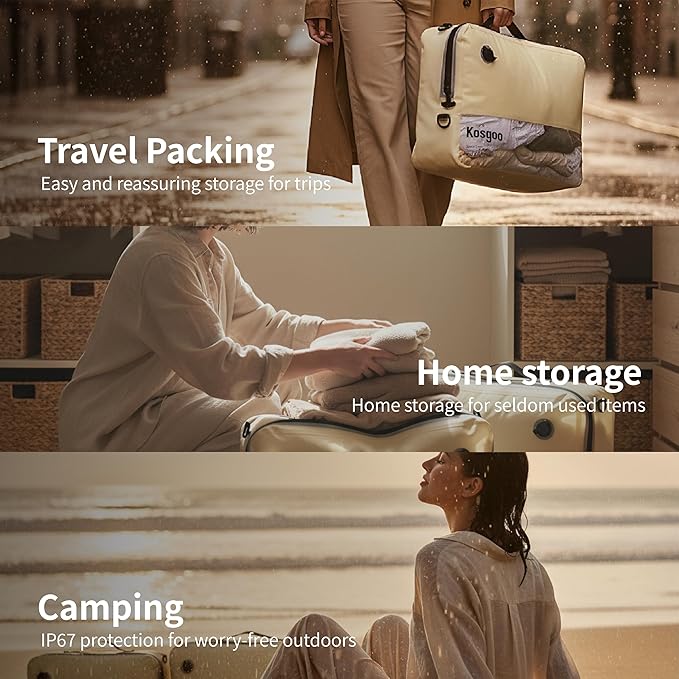 Travel Vacuum Bags with Pump, Reusable Vacuum Compression Bags for Travel, IP67 Waterproof Odor & Tear-Proof Nylon, Pack Vacuum Kit for Luggage Suitcase, TSA-Ready Travel Essentials (2 Pack, Beige)