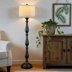PARTPHONER Vintage Floor Lamp for Living Room, Rustic Farmhouse Standing Lamp with Rotary Switch and Linen Shade, Retro Resin Floor Lamp for Bedroom, Corner, Dining Room, House Decor, Black