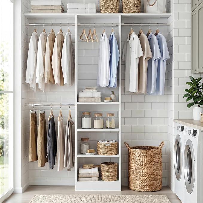 Cyclysio 4FT Small Closet System, 80"H Closet Organizer System with 4 Closets Rods & 3 Shelves, 48" Closets Organizers and Storage for Small Bedrooms, Laundry Rooms, Cloakrooms, White