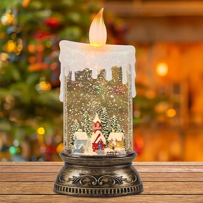 Wondise Rechargeable Musical Snow Globe Lantern with 6H Timer, Battery Operated USB Powered Lighted Snow Globe Lamp Spinning Water Swirling Glitters Holiday Decor-Winter House