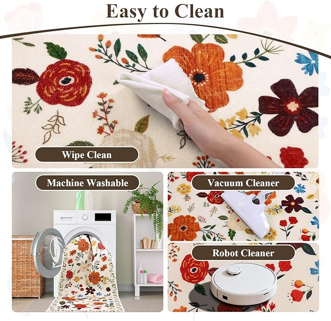 U'Artlines 2'6" x 8' Boho Runner Rug for Hallways Kitchen Colorful Floral Soft Non Slip Washable Floor Carpet Runners for Entryway Laundry Room Bathroom Beige