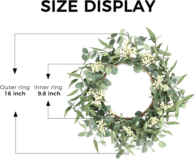 Pinkpum 16'' Eucalyptus Wreath for Front Door, Porch, Window - Green Decor for Home, Farmhouse - Spring, Summer, Fall, All Seasons