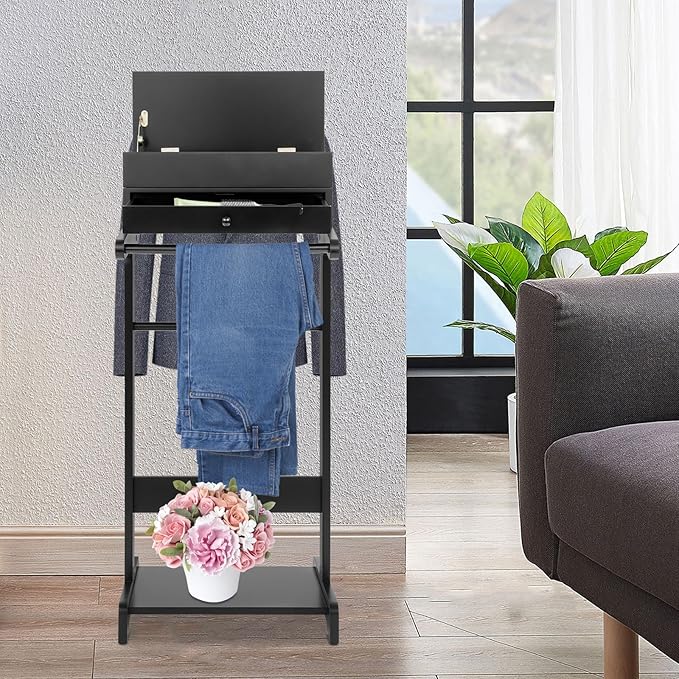 Clothing Valet Stand, Wood Suit Rack with Drawer & Compartment, Freestanding Valet Stand for Women and Man, 17"x12"x44" Suit Stand for Home Hotel Office (Black)