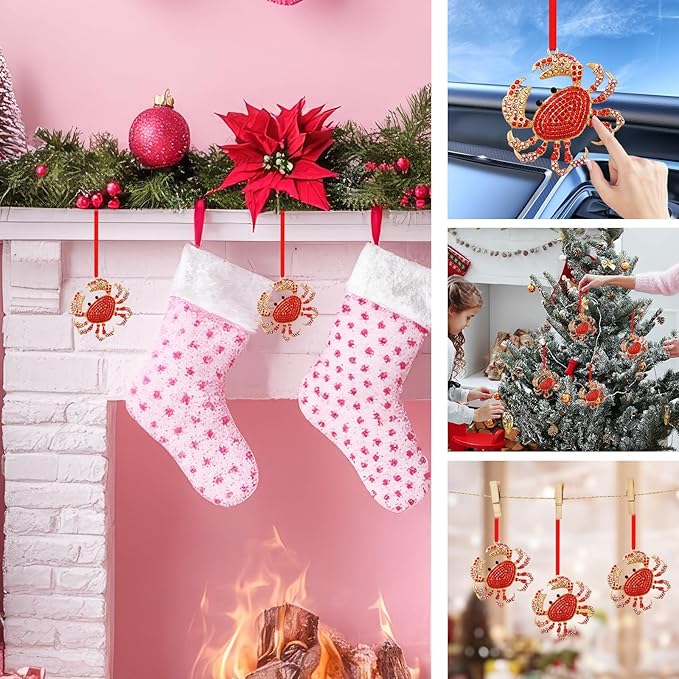 SICOHOME Crab Ornaments for Christmas Tree - Coastal Sea Ocean Hawaii Beach Themed Christmas Hanging Ornament with Rhinestones for Christmas Tree Gifts for Ocean Love rand Nautical Enthusiast Red
