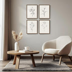 Vintage Floral Wall Art with Walnut Framed, 4 Piece Farmhouse Black and White Botanical Canvas Prints Painting, Rustic Minimalist Flower Pictures for Bedroom Kitchen Bathroom Living Room Home Decor