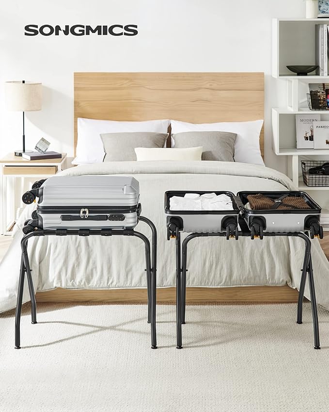 SONGMICS Luggage Rack, Pack of 2, Luggage Racks for Guest Room, Suitcase Stand, Steel Frame, Foldable, for Bedroom, Black URLR64B-2
