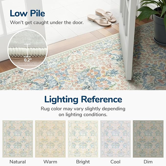 Lessymo Floral Living Room Rug 5x7 Area Rug, Vintage Forest Washable Rugs for Dining Room, Bedroom, Low Pile Non Slip Rubber Green Mat Indoor Boho Carpet for Large Entryway, Beige Brown